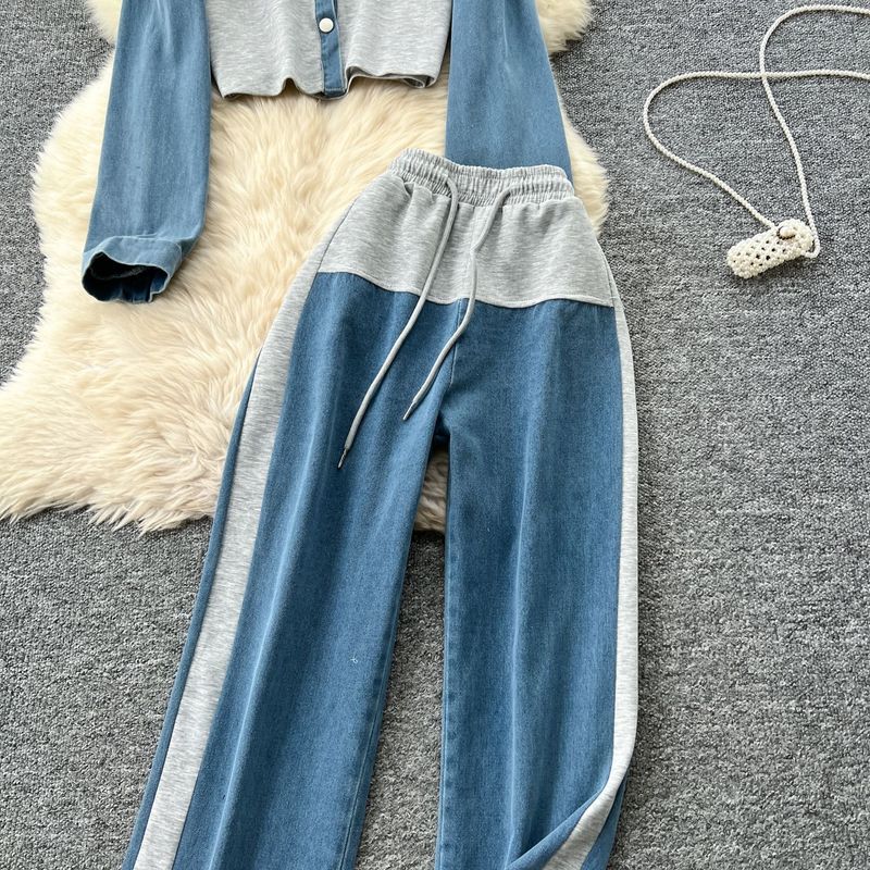 Abbigliamento da donna, abito casual, vita alta, cuciture in denim, pantaloni a gamba larga, abito due pezzi, giacca con risvolto alla moda_voghion.com