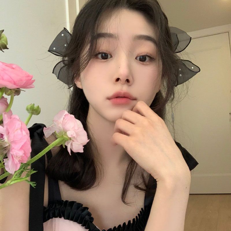 Forcina per capelli con fiocco in maglia nera per donna, stile temperamento di alta qualità, clip laterale Mori, bellissima clip laterale_voghion.com