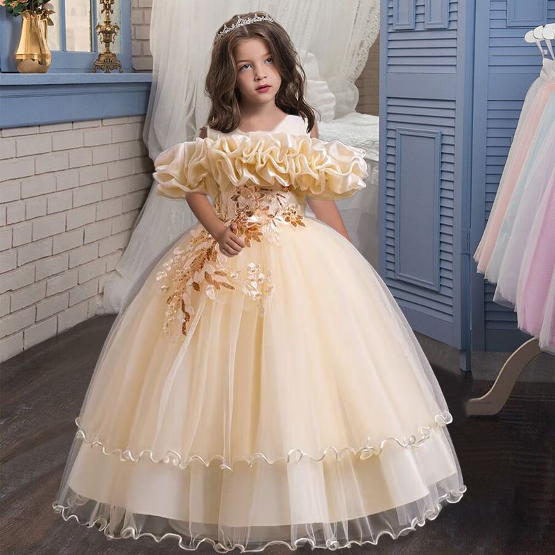 Robe longue de soirée élégante pour filles de 4 à 13 ans, demoiselle d'honneur de mariage, en maille brodée, bal de remise de diplôme, nouvelle collection_voghion.com