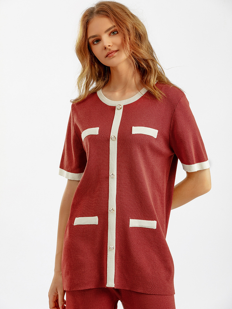 Roupas femininas terno feminino gola redonda botão contraste cor manga curta top cintura alta all-match calças de malha de perna larga conjunto de duas peças_voghion.com