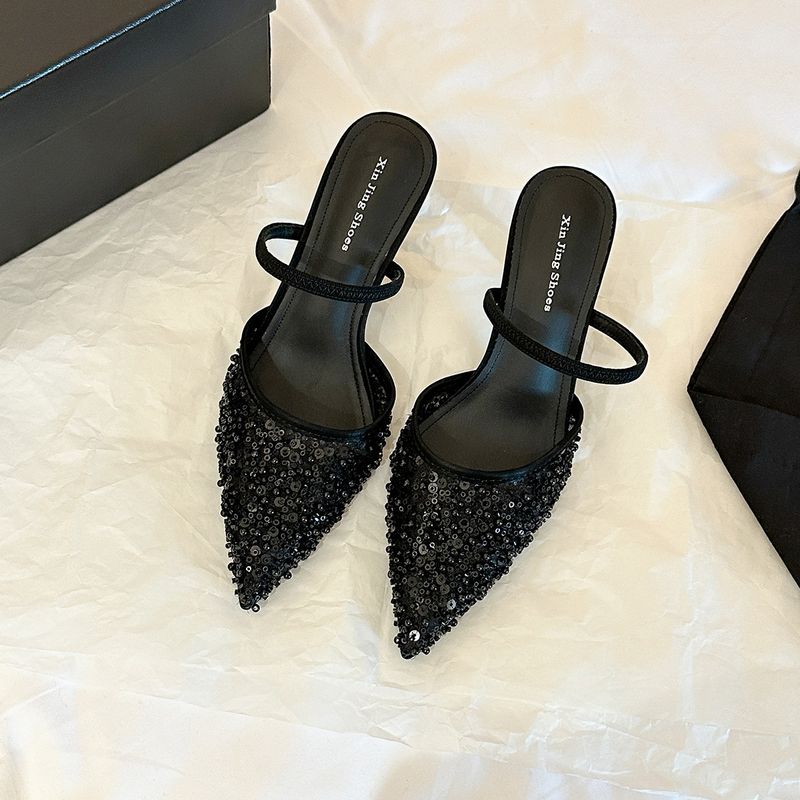 699-205 Black Sequin Evening Style High For Women Pointed Toe Shallow Mouth One Strap Single Shoes Fashionable Elegant_voghion.com