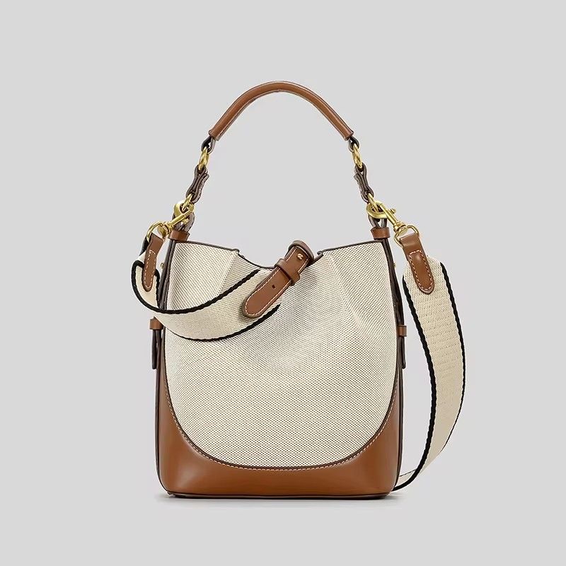 Fahion Panelled Canva Bucket Bag Deigner Women Handbag Pu Leather Shoulder Crobody Bag With Wide Strap Tote_voghion.com