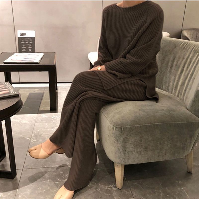 Women's Clothing Large size suits for women two piece suits autumn new fashion high end loose knit sweaters sweaters wide leg pants_voghion.com