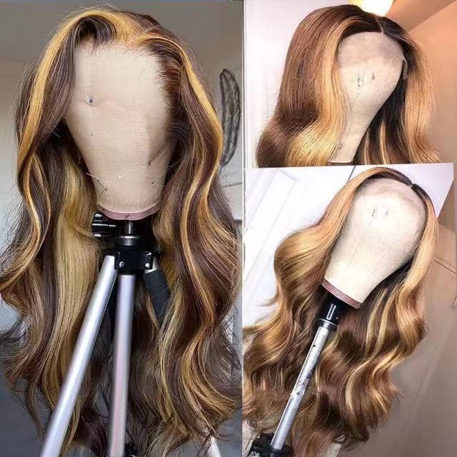 Perücke Langes lockiges Haar Langes glattes Haar Schwarzbraun Farbverlauf Versorgung Volle Kopfbedeckung Weiblich Realistisch und atmungsaktiv_voghion.com