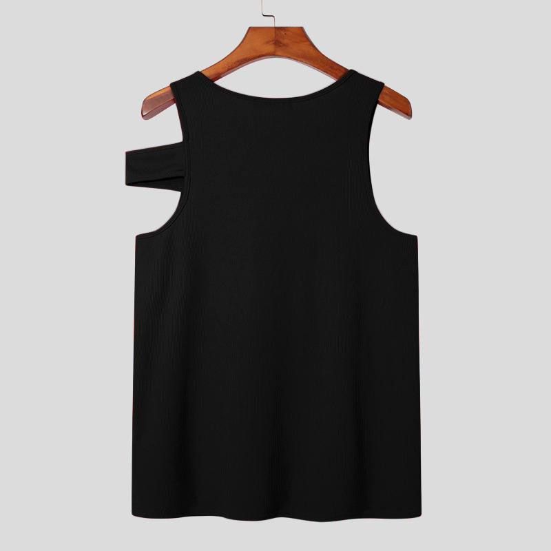 Man's clothing Personality vest hollowed out sleeveless T-shirt tight-fitting men's off-the-shoulder bottoms_voghion.com