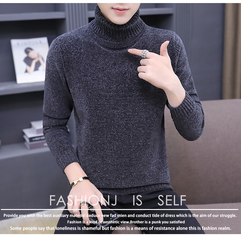 Pull col montant en chenille pour homme - Pull d'hiver en tricot thermique avec doublure polaire, coupe ample inspirée, détail badge tendance pour un style décontracté._voghion.com