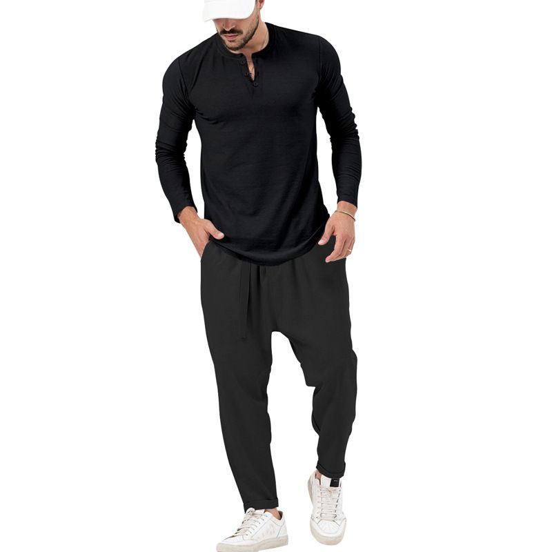 Men's solid color casual long-sleeved Henry T-shirt pantsuit_voghion.com