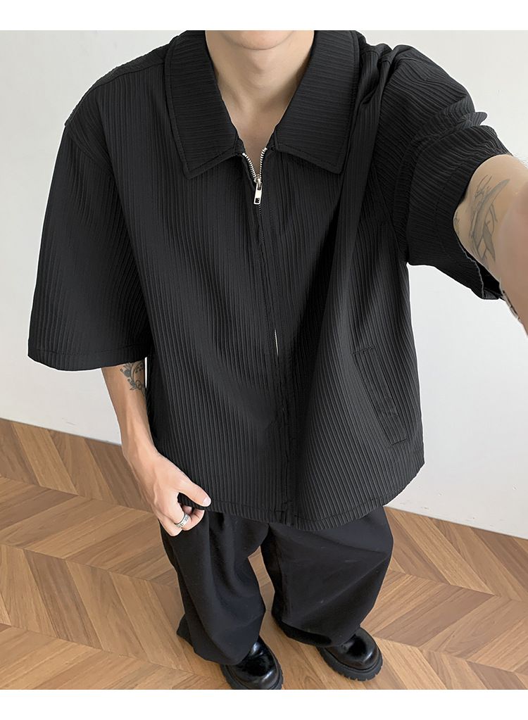 Herenkleding Overhemd met korte mouwen Knappe zomer High-end trendy los overhemd met korte mouwen en rits_voghion.com