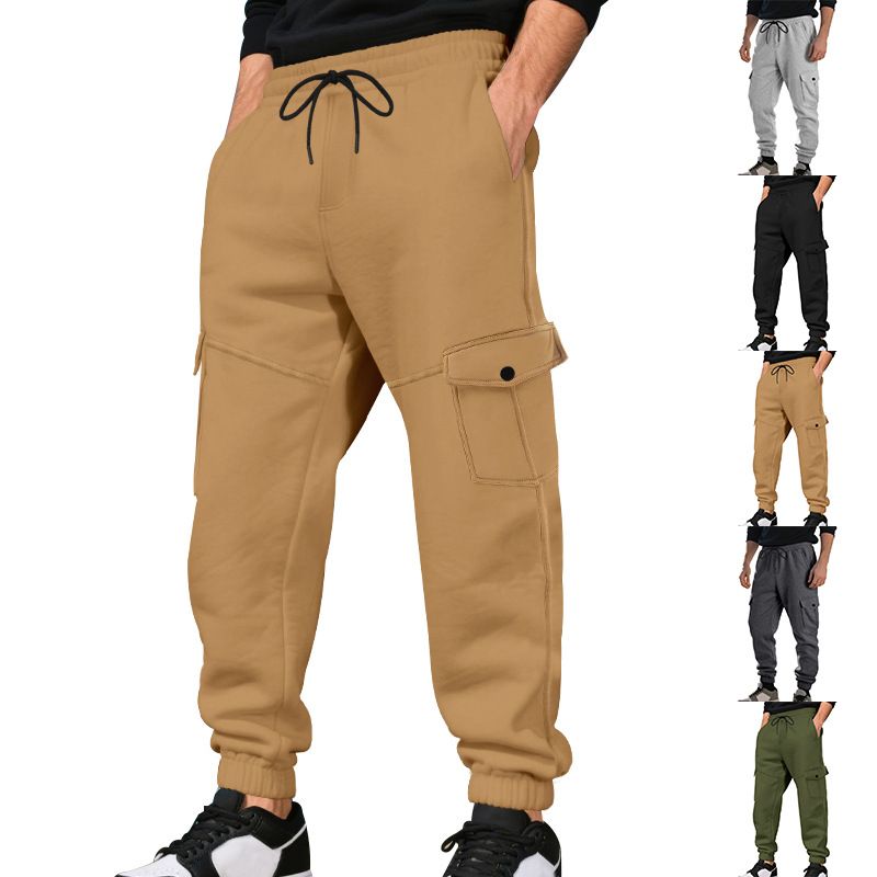 Autumn Winter Fleece Drawstring Men's Loose Casual Sports Multi-Pocket Cargo Pants_voghion.com
