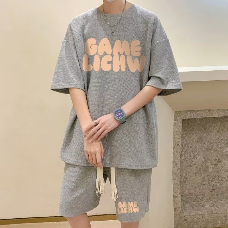 Herren Sportanzug Dünnes Waffel Kurzarm T-Shirt Halbarm Oberteil Zweiteiliger Anzug Herrenbekleidung_voghion.com