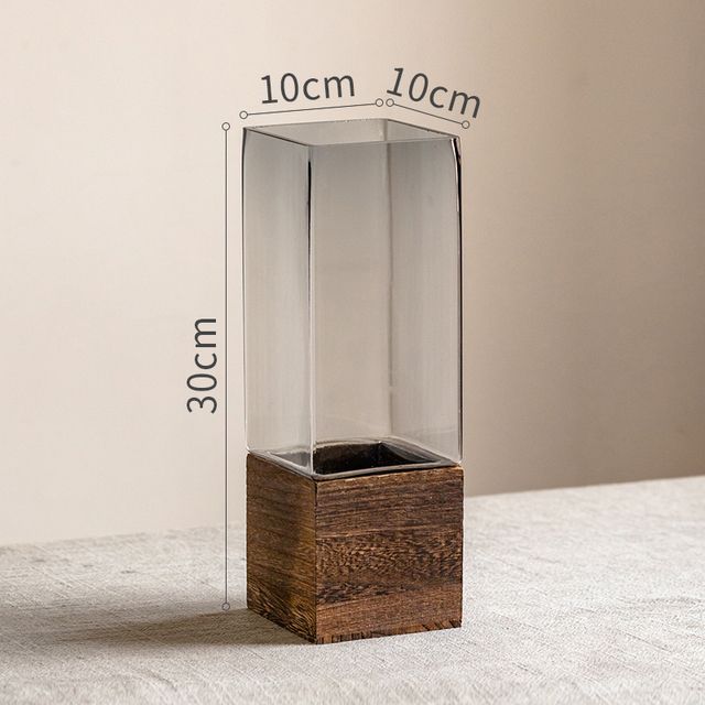Nordesch Glasvase mat Holzbasis fir hydroponesch Blummen Kënschtlech Gedréchent Blummen Wunnzëmmer Büro Schreifdësch Terrarium Dekoratioun_voghion.com
