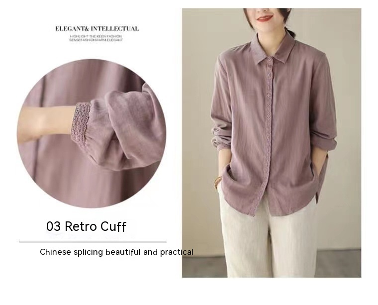 Camisa retro de algodón y cáñamo de color liso para mujer, primavera/verano 2024, nueva camisa holgada de manga larga con encaje y panel de encaje._voghion.com