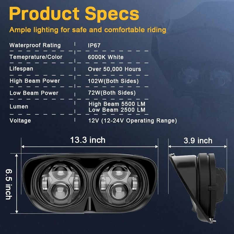 Faro anteriore a doppio LED per motocicletta Harley Road Glide 2004-2013, 6000K IP67 impermeabile con modalità luce abbagliante/anabbagliante super luminosa_voghion.com