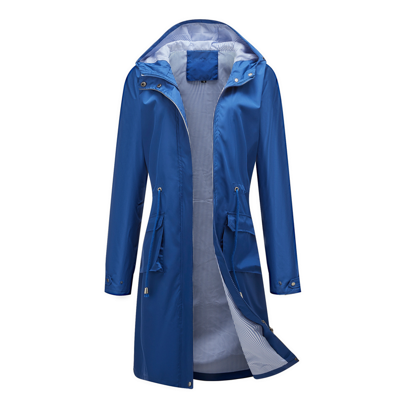 Trench casual da donna K Long con cappuccio, impermeabile, tinta unita con fodera a righe, cappotto dritto._voghion.com