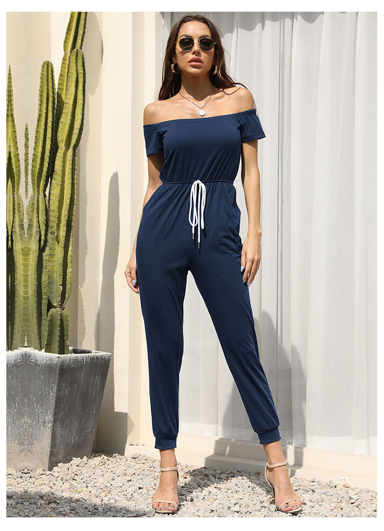 Solid Color One-shoulder Off-shoulder Short-sleeved Sports Jumpsuit_voghion.com