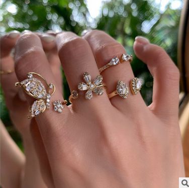 Bague tendance en or véritable 14 carats Dongdaemun pour femme, ouverte, réglable, incrustée de cuivre et de zircones, motif papillon et fleur_voghion.com
