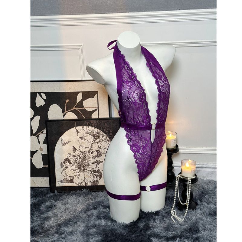 Damen-Nachtwäsche Dnika Lila Sexy Spitzen-Bodysuit Tiefer V-Ausschnitt Neckholder Body Shaper mit Strumpfband-Set_voghion.com