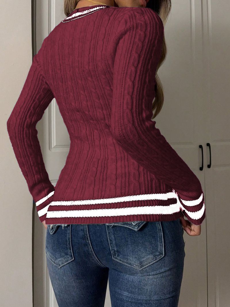 Kadın V Yaka Uzun Kollu Kazak - 3D Desenli Slim Fit Örgü Kazak (Sonbahar/Kış Mevsiminin Vazgeçilmezi)_voghion.com