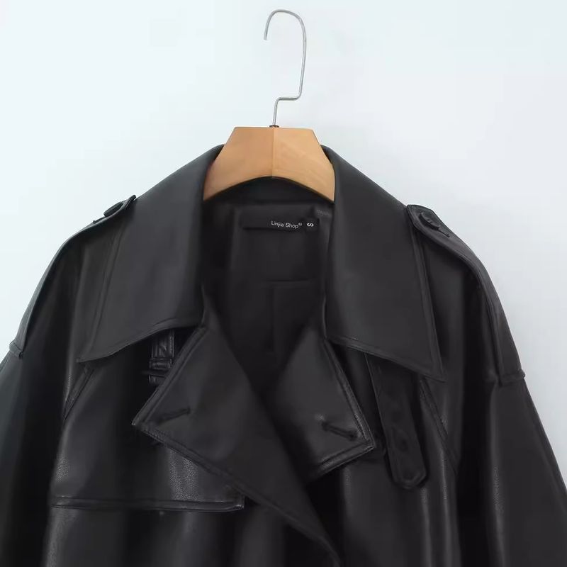 Herfst Nieuwe Dames Effen Kleur Dubbelrijs Met Taille Riem, Middellange Leren Windjack_voghion.com