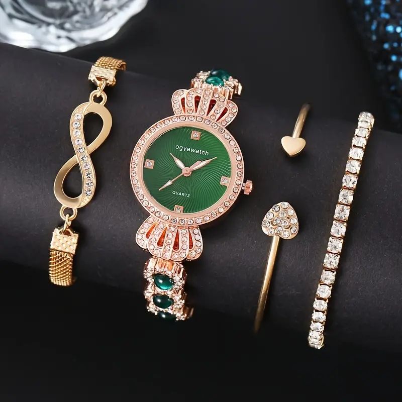 Fashionable and versatile diamond studded steel bracelet watch + heart studded diamond bracelet set for women_voghion.com