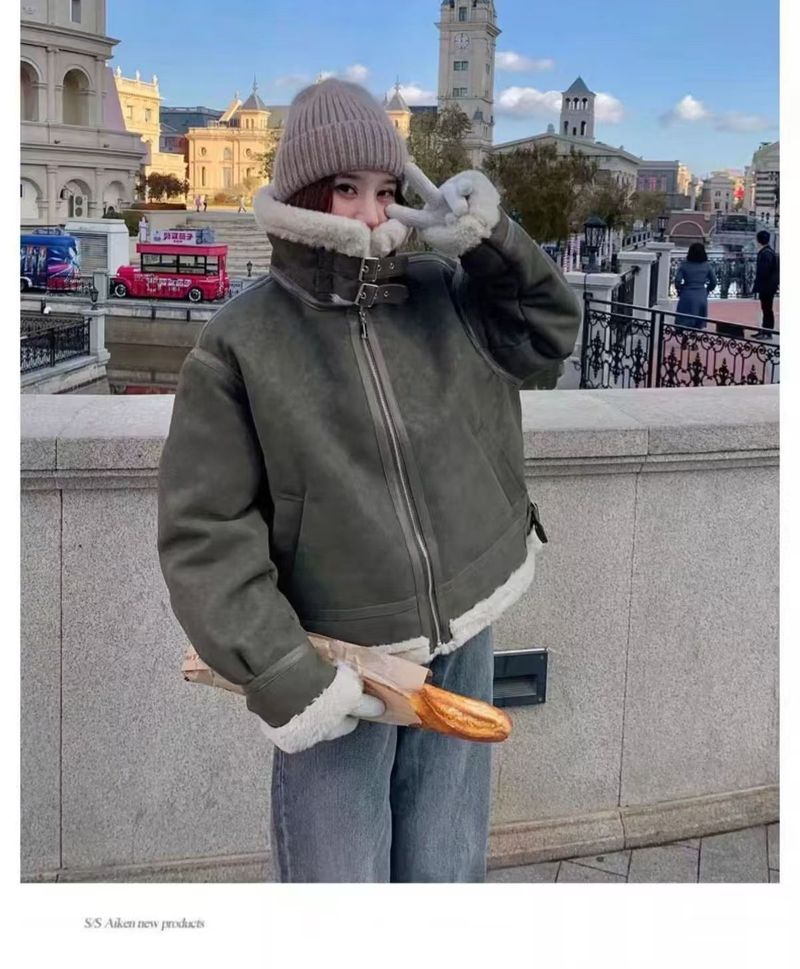 Green Suee Motorcycle Lamb Wool Coat For Women, Autumn Winter 2024, High-En Thickene Stan Collar Sheepskin_voghion.com
