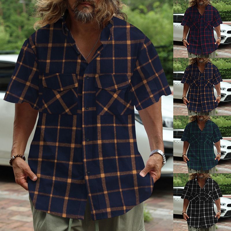 2024 Men's Trendy Plaid Patchwork Buttoned Casual Sports Short Sleeve Shirt_voghion.com