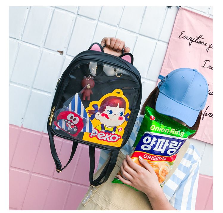 Zaini in pelle con orecchie di gatto adorabili Borsa trasparente color caramello Borse a tracolla da donna Zaino da viaggio per ragazze adolescenti_voghion.com