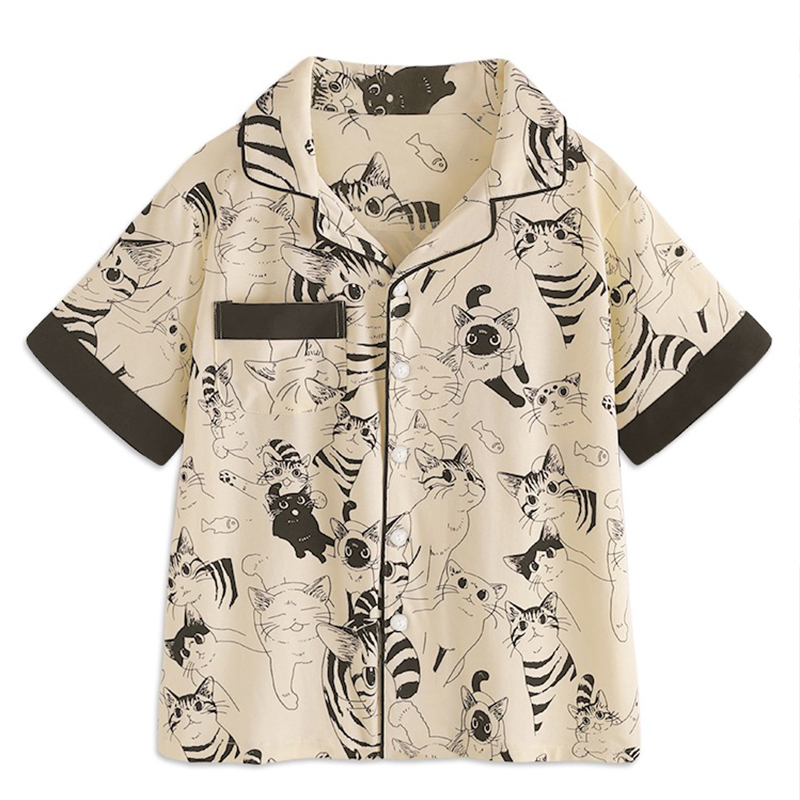 Cartoon kleine schwarze Katze süße Kurzarm-Shorts Seide lässig seidig Hause Anzug_voghion.com