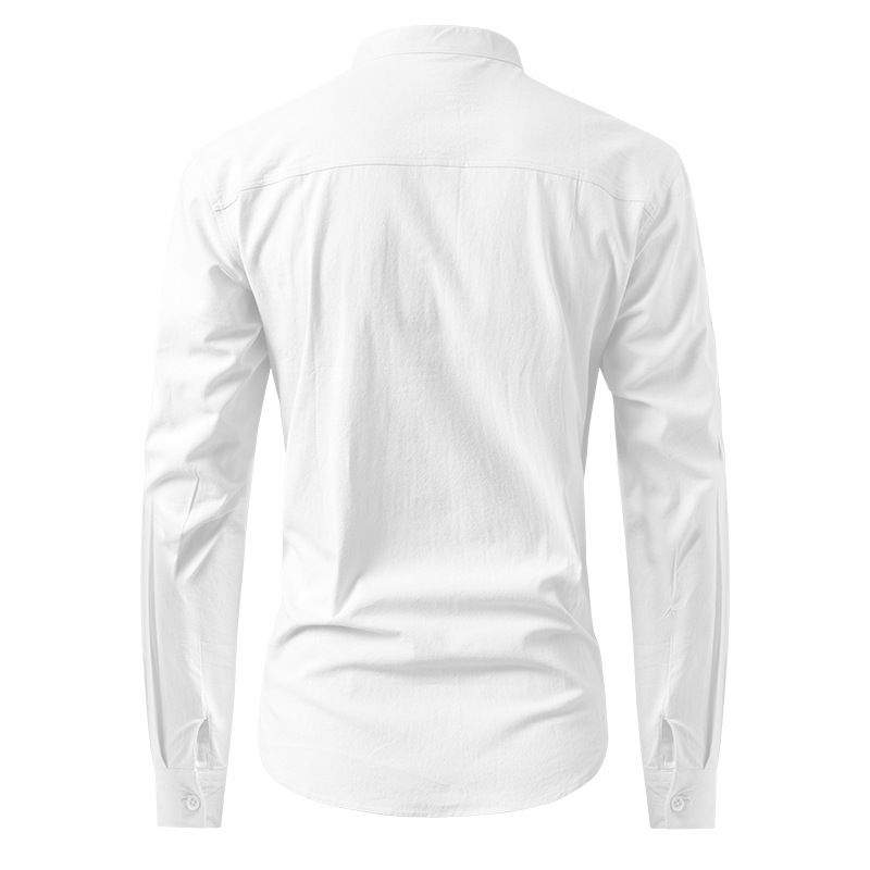 Abbigliamento uomo Nuova camicia con colletto alto a maniche lunghe in puro cotone Camicia casual da uomo in lino Camicia da uomo alla moda_voghion.com