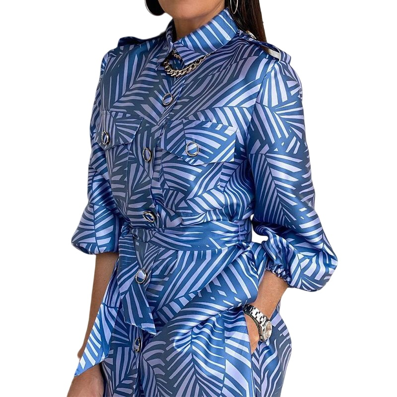 Women's Clothing spring new cross border women's printed cardigan belt button top straight pants two sets_voghion.com