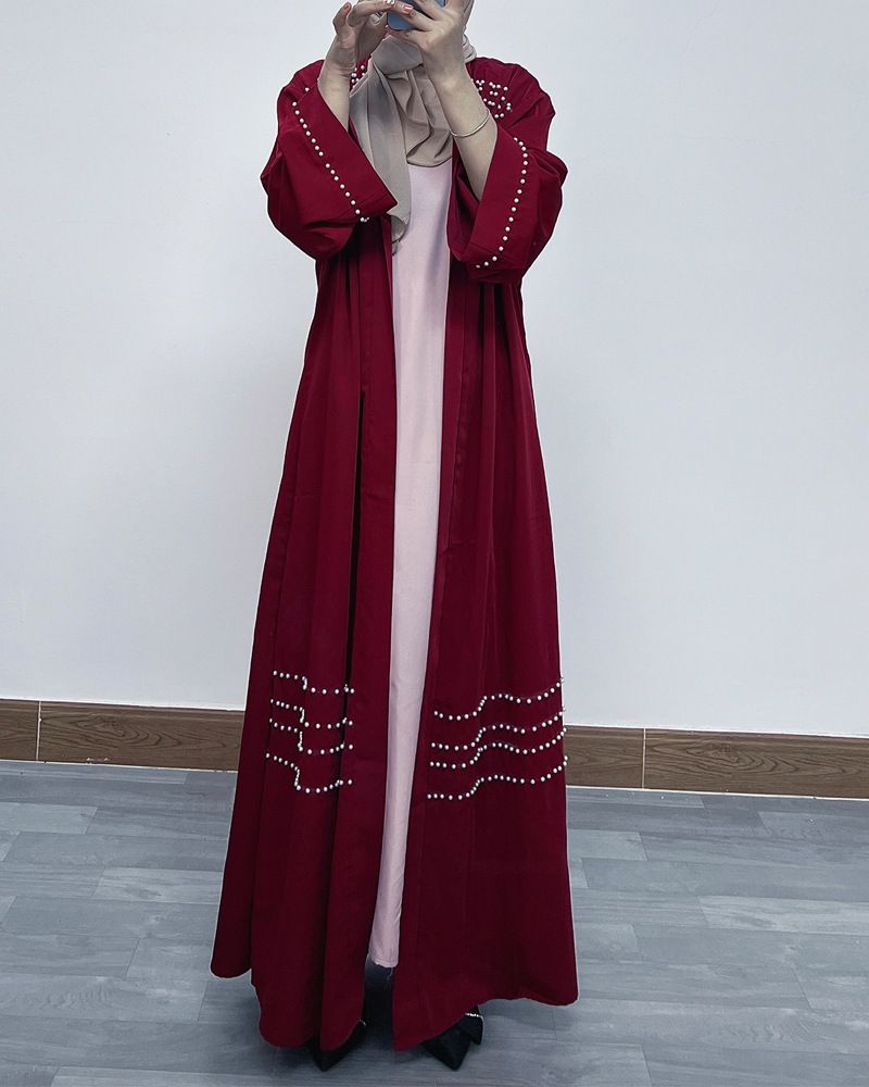 Elegant Dubai Pearl-Embellished Abaya – Long Sleeve Open Front Robe Dress (Black/Burgundy, S-XXL)_voghion.com
