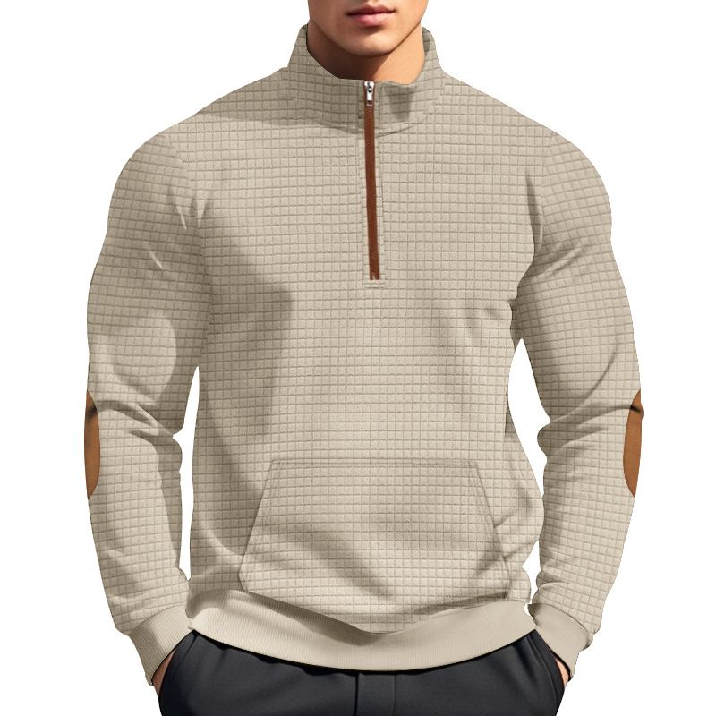 American Style Autumn Winter Men's Casual Sweatshirt Jacquard Small Square Embroidery Patchwork Stand Collar Loose Top_voghion.com