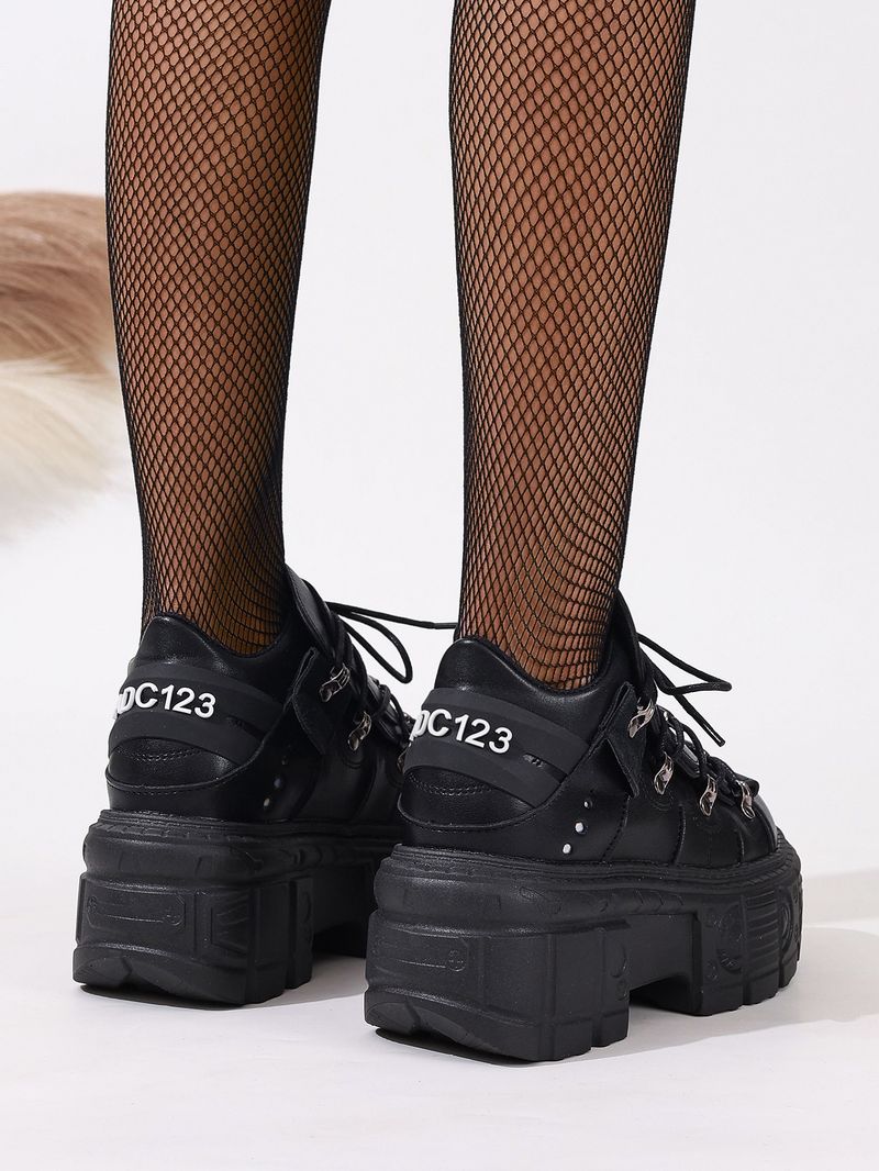 Scarpe stringate alte con plateau spesso da donna - Stivali alla moda in pelle PU con punta tonda, dettagli in metallo e suola in gomma spessa_voghion.com