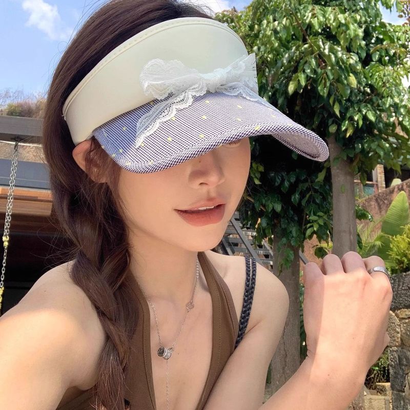Korean Version Ins Sweet Bow Polka Dot Duck Tongue Visor Women's Summer Sunscreen Empty Top Hat Big Head Circumference Hat Tide_voghion.com