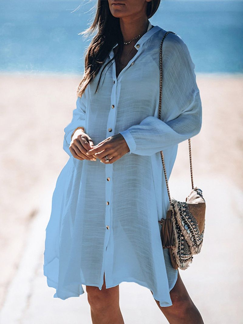 Women's Lightweight Chambray Shirt Cover-Up – Beach Dress, Swimwear Wrap, Sun Protection Top, Casual Loose Fit Tunic_voghion.com