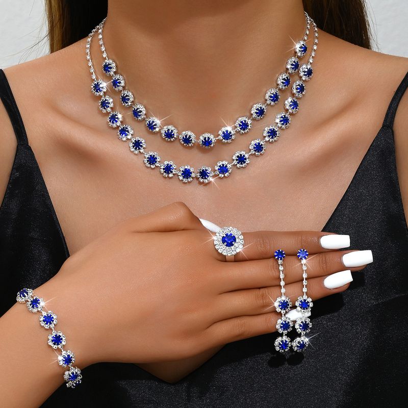 Conjunto de joyas para mujer, joyería de moda, venta al por mayor, accesorios de boda, conjunto de collar y pendientes de diamantes con girasol de doble capa, joyería_voghion.com