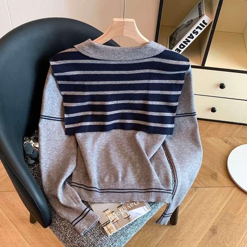 Korean Style Polo Lapel Sweater – Embroidered Pony & Striped Shawl Two-Piece Set (S/M/L/XL)_voghion.com