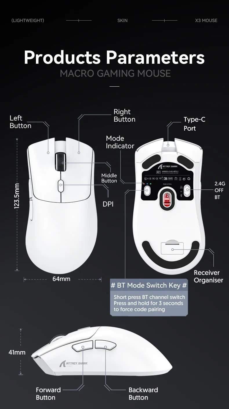 Attack Shark R1 1000Hz Bluetooth Wireless Tri-mode Connection 18000dpi Optical Mouse Lightweight Ergonomic DesignMouse_voghion.com