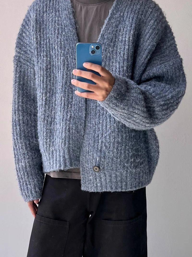 Übergroßer Herren-Strickcardigan mit V-Ausschnitt – Weicher und atmungsaktiver Pullover mit offener Vorderseite (Kaffee/Blau, Größen M-XXXL)_voghion.com