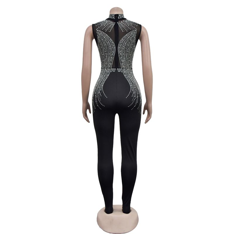 Vêtements pour femmes mode femmes couleur unie maille presse perceuse sans manches pantalon combinaison_voghion.com