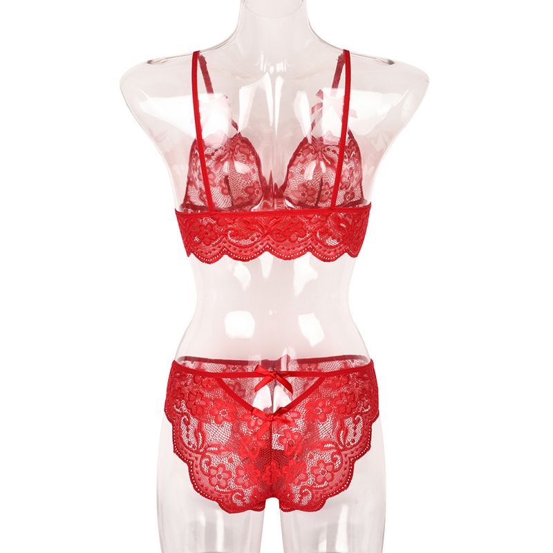 Women's Intimates New Bow Deep V Jacquard Two Piece Sexy Lingerie_voghion.com