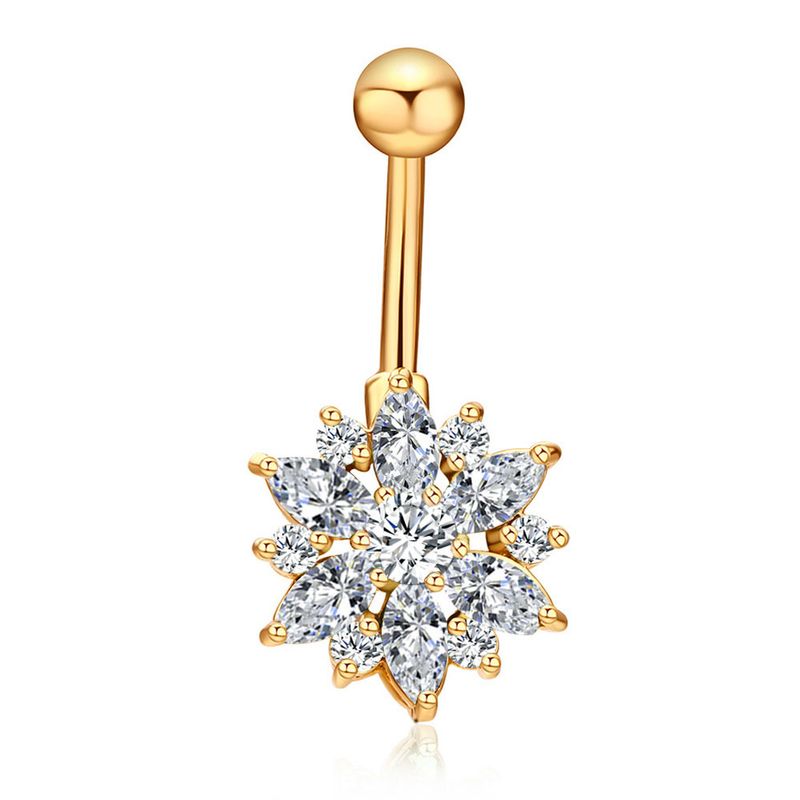 Fashion Ring Stainless Steel Zircon Stud Chrysanthemum Shape Navel Button European And American Trendy Piercing Jewelry_voghion.com