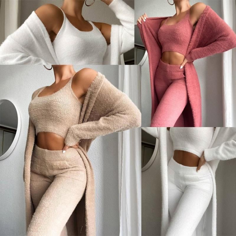 Damen Coral Fleece Pyjama Set Frühling Herbst Winter Pyjama 3 Dreiteilige Pyjama Weste + Hose + Jacke_voghion.com