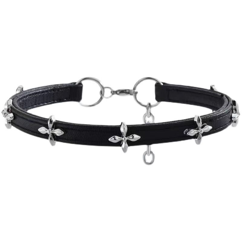 Mørk Retro Niche Cross Flower Sweet Cool Collar Choker Leather New High-end Sense Niche Female Halskjede_voghion.com