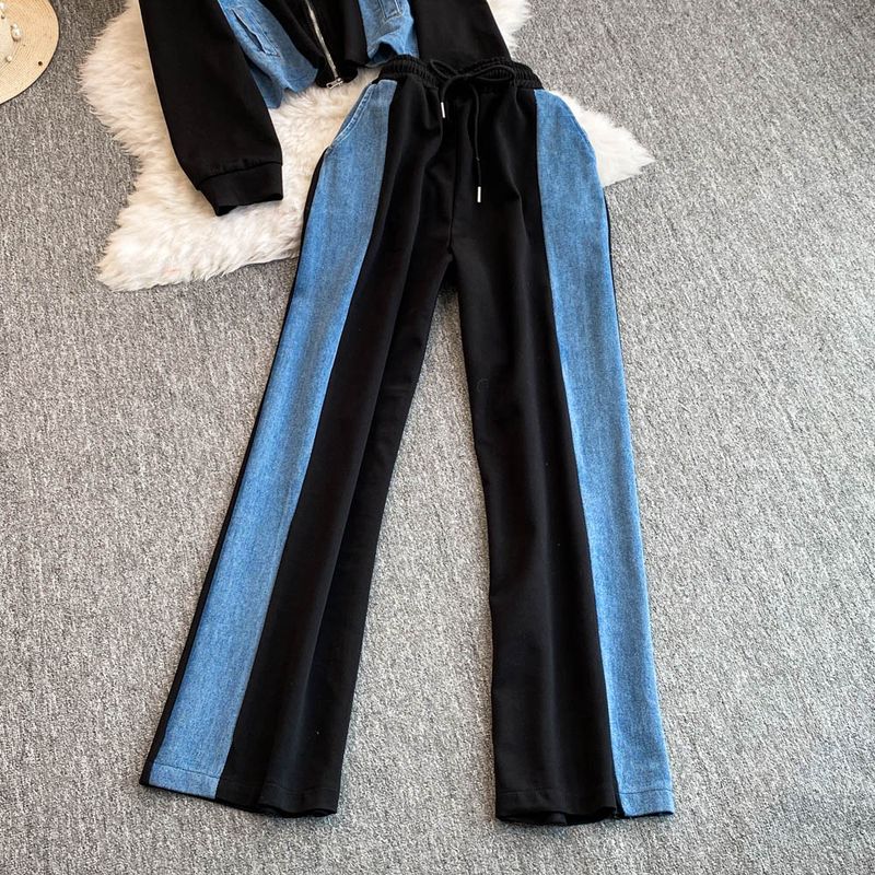 Dametøj Forår og efterår denim-søm sweaterjakkesæt med stående krave til kvinder sports- og afslappet moderigtigt jakkesæt i to dele_voghion.com