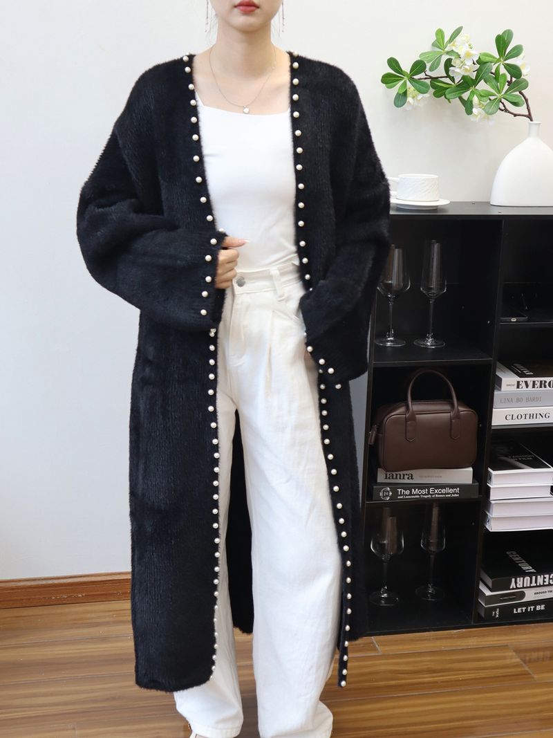 Cárdigan de punto de imitación de chinchilla con cuentas: abrigo extralargo y extragrande (poliéster afelpado, cuello en V, minimalista en blanco, rosa y negro, ideal para el trabajo y la noche)_voghion.com