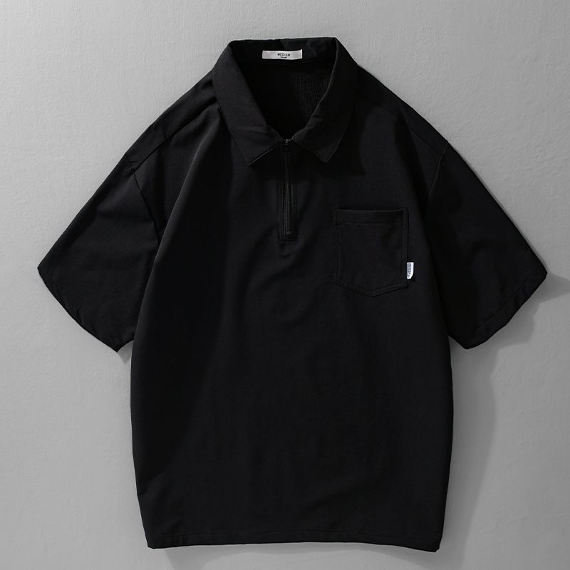 Short Sleeved Summer Thin Trendy Loose Workwear T-shirt With Half Zipper For Men_voghion.com