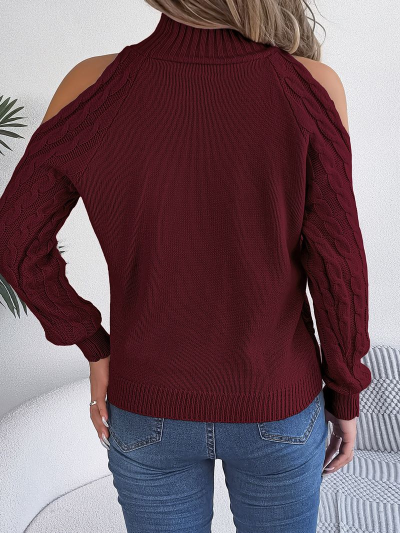 Maglione da donna a maniche lunghe con collo alto, spalle scoperte e lavorazione a maglia grossa - Pullover casual a trecce per autunno e inverno, in bianco/rosa/bordeaux/grigio/arancione_voghion.com