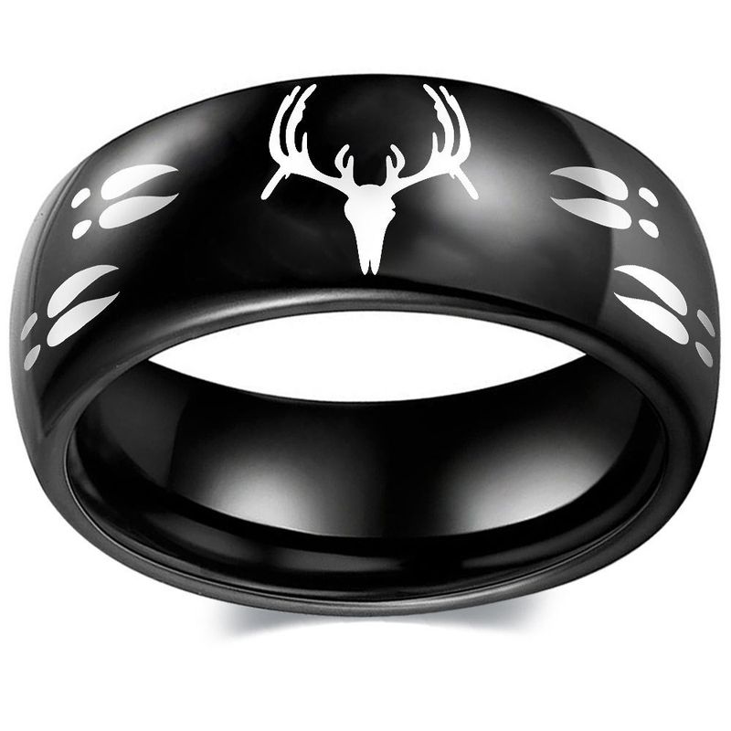 Anello da dito in acciaio al titanio con testa di cervo e sentiero da uomo, con incisione_voghion.com