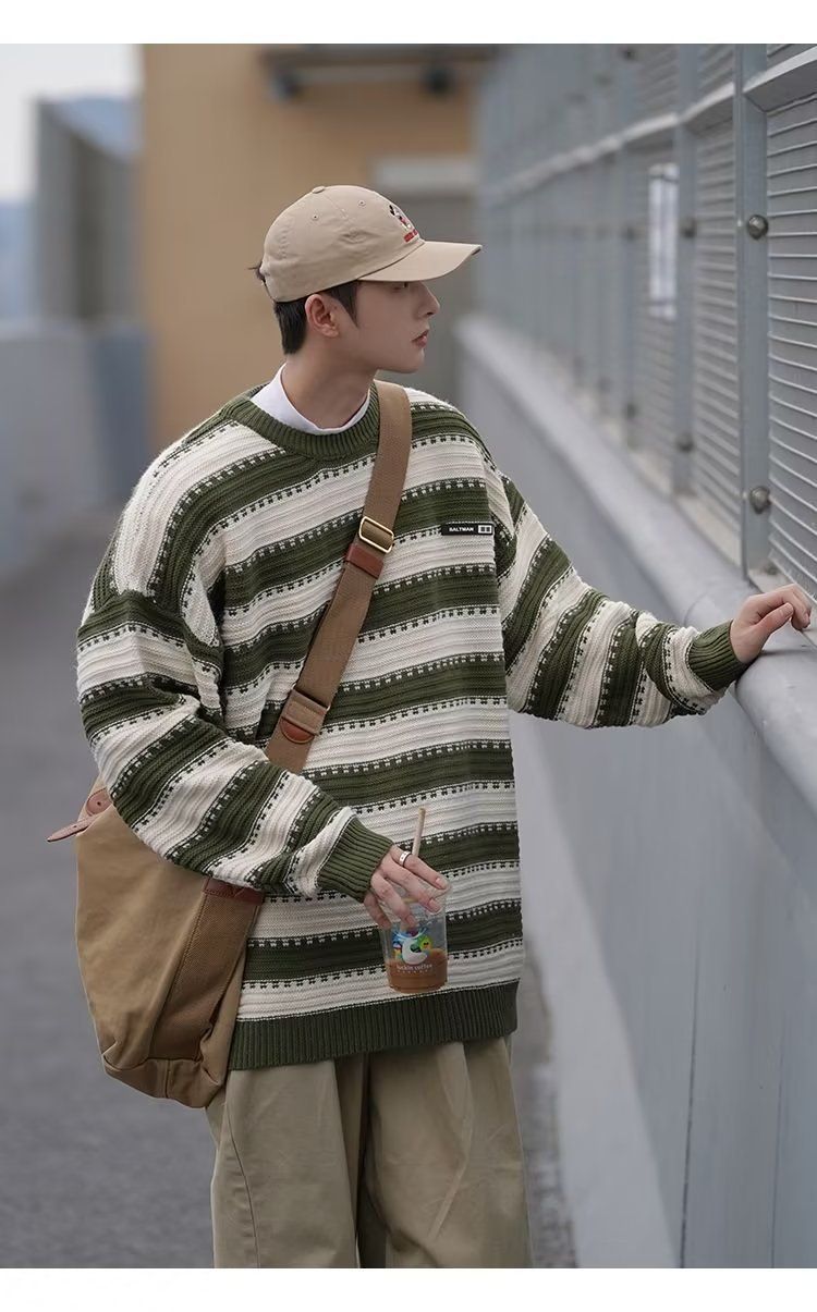 Japanese striped men's winter trend loose fitting pullover long sleeved knitted lazy style thick woolen sweater jacket_voghion.com